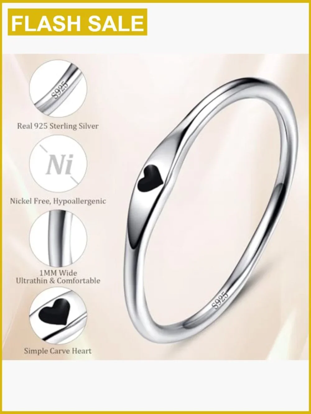925 Sterling Silver Ultra Thin Heart Promise Ring Band Size 5-10